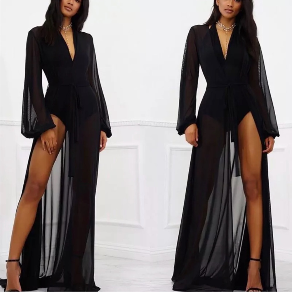 Long black robe cover up Hollywood duster sheer